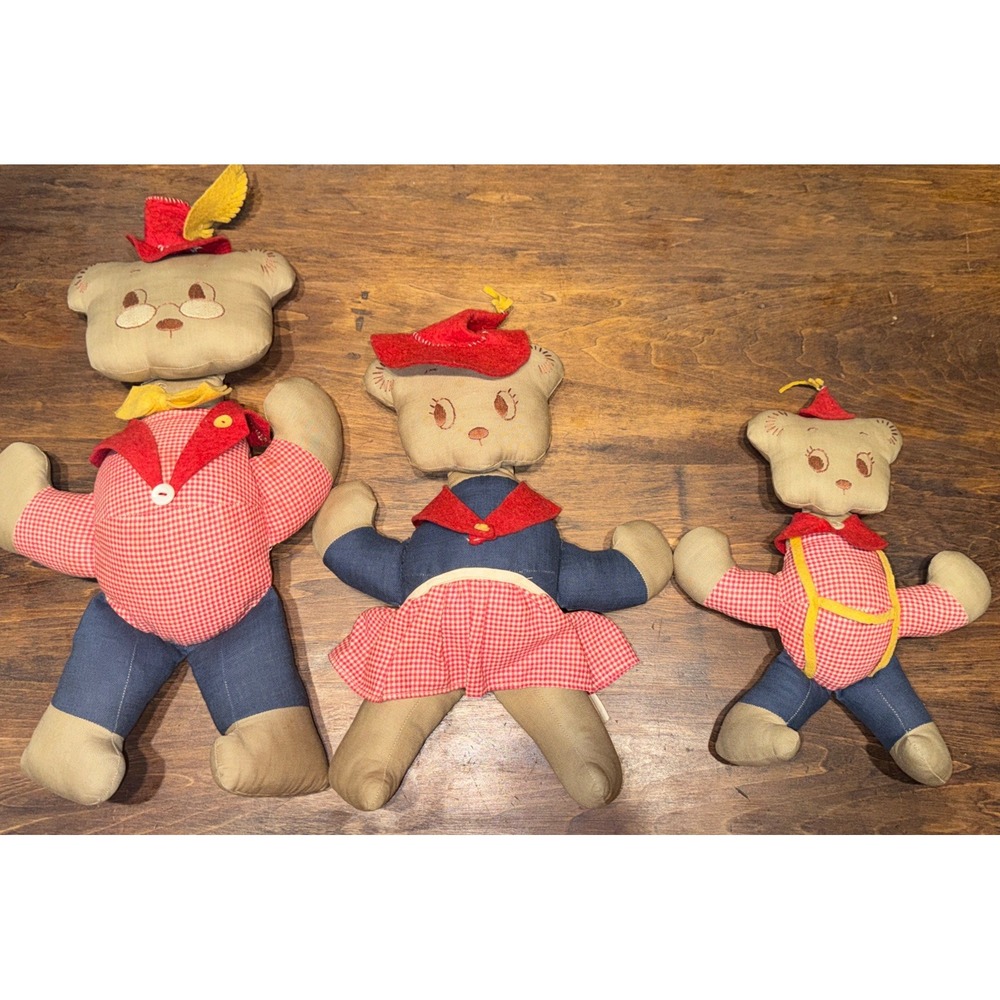 Handmade 3 Little BEARS VINTAGE Antique STUFFED Dolls Momma Daddy Baby STitched